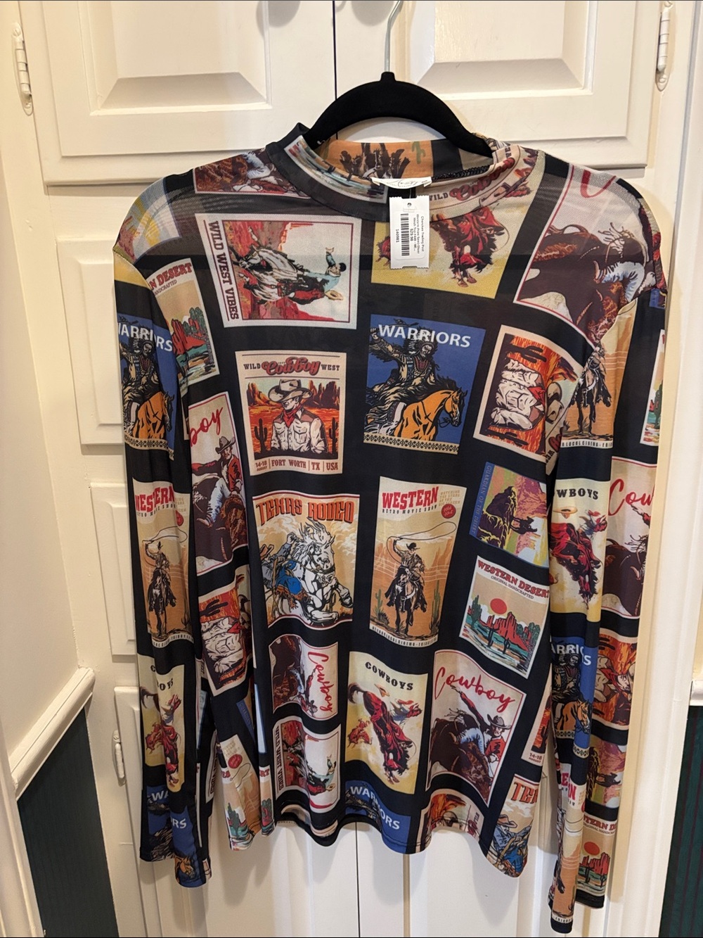 Avery Sheer/Mesh Multi-Color Western Print Long-Sleeve Tee